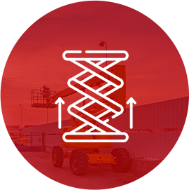 Scissorlift icon on an image of a scissorlift with a red background